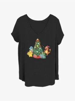Pokemon Pikachu, Squirtle, Charmander, & Bulbasaur Christmas Tree Girls T-Shirt Plus Size