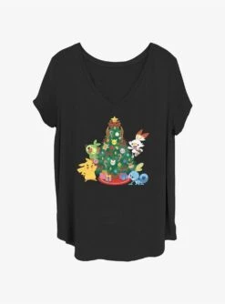 Pokemon Pikachu, Grookey, Scorbunny, & Sobble Christmas Tree Girls T-Shirt Plus Size